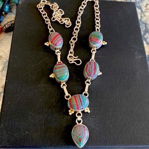 Sterling Silver multi color cabochon necklace